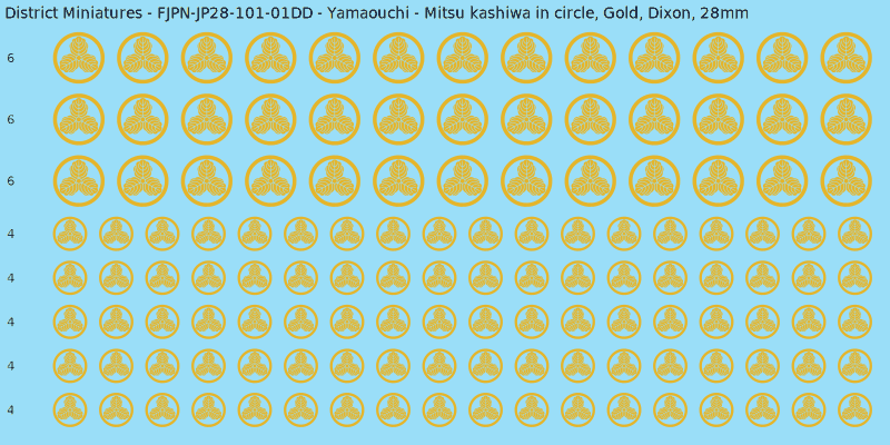 Yamaouchi clan mon, Yellow/Gold waterslide decal sheet, Dixon banner sizes, 28mm