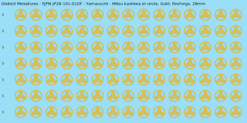 Yamaouchi clan mon, Yellow/Gold waterslide decal sheet, Fireforge banner sizes, 28mm