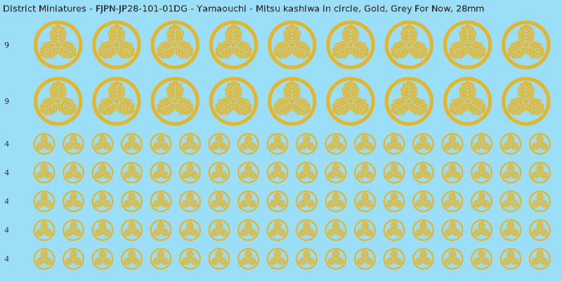Yamaouchi clan mon, Yellow/Gold waterslide decal sheet, Grey For Now banner sizes, 28mm