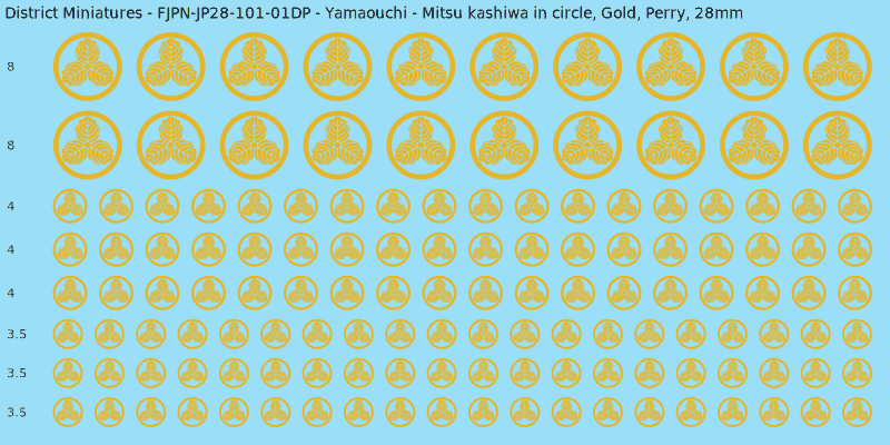 Yamaouchi clan mon, Yellow/Gold waterslide decal sheet, Perry banner sizes, 28mm