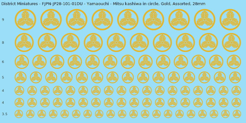 Yamaouchi clan mon, Mitsu kashiwa in circle, Gold waterslide decal sheet, 28mm