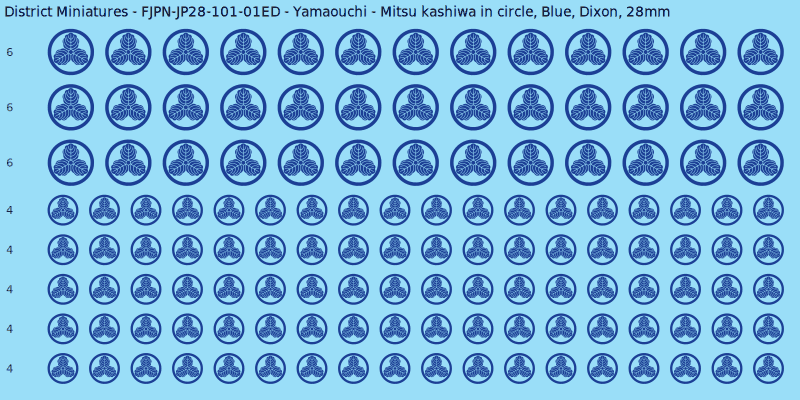 Yamaouchi clan mon, Blue waterslide decal sheet, Dixon banner sizes, 28mm