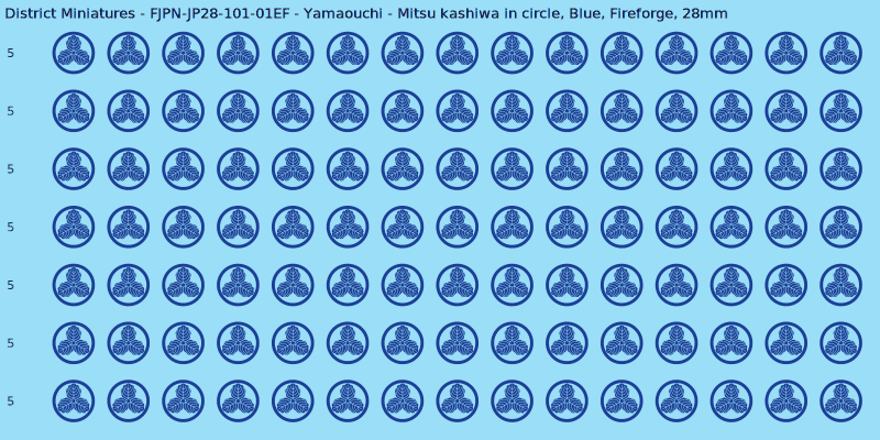 Yamaouchi clan mon, Blue waterslide decal sheet, Fireforge banner sizes, 28mm