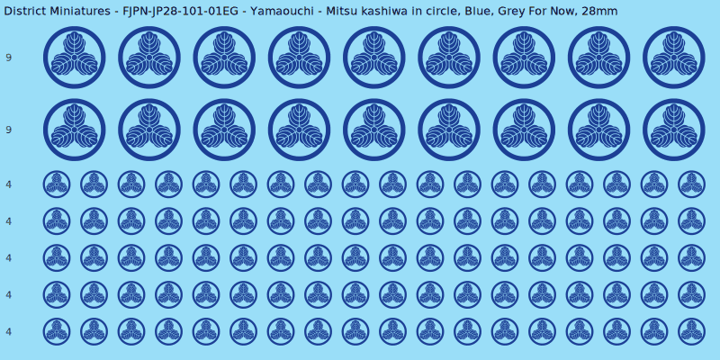 Yamaouchi clan mon, Blue waterslide decal sheet, Grey For Now banner sizes, 28mm