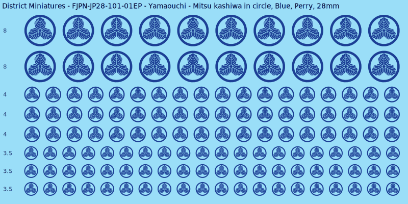 Yamaouchi clan mon, Blue waterslide decal sheet, Perry banner sizes, 28mm