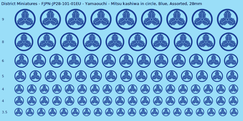 Yamaouchi clan mon, Mitsu kashiwa in circle, Blue waterslide decal sheet, 28mm