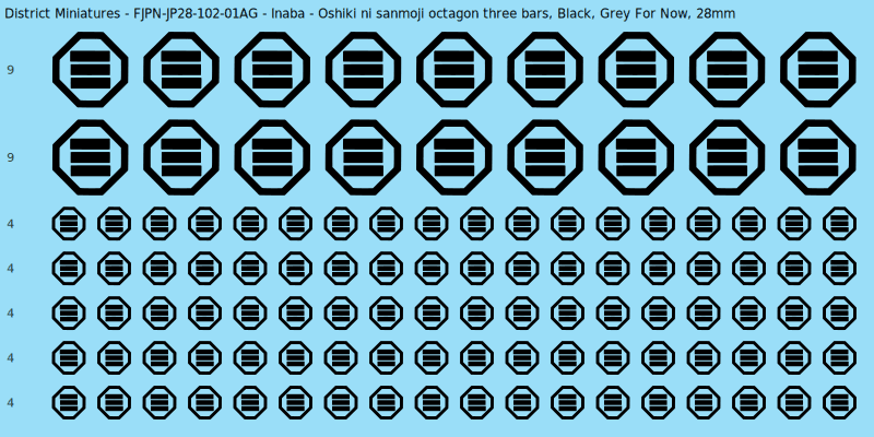 Inaba clan mon, Black waterslide decal sheet, Grey For Now banner sizes, 28mm