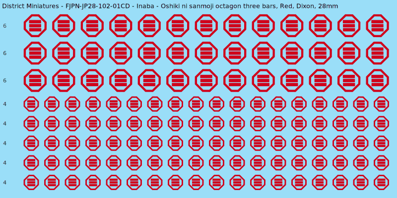 Inaba clan mon, Red waterslide decal sheet, Dixon banner sizes, 28mm