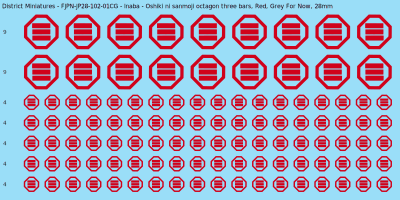 Inaba clan mon, Red waterslide decal sheet, Grey For Now banner sizes, 28mm