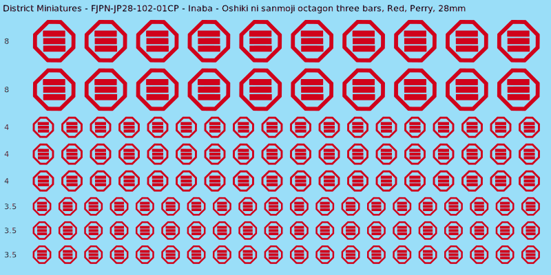 Inaba clan mon, Red waterslide decal sheet, Perry banner sizes, 28mm