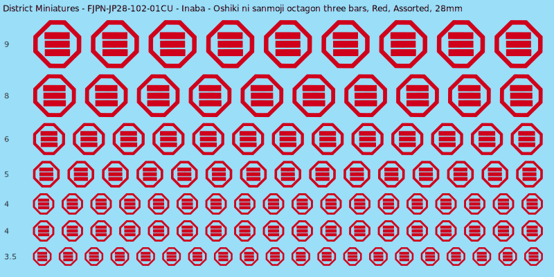 Inaba clan mon, Oshiki ni sanmoji octagon three bars, Red waterslide decal sheet, 28mm