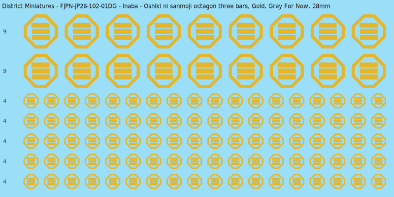 Inaba clan mon, Yellow/Gold waterslide decal sheet, Grey For Now banner sizes, 28mm