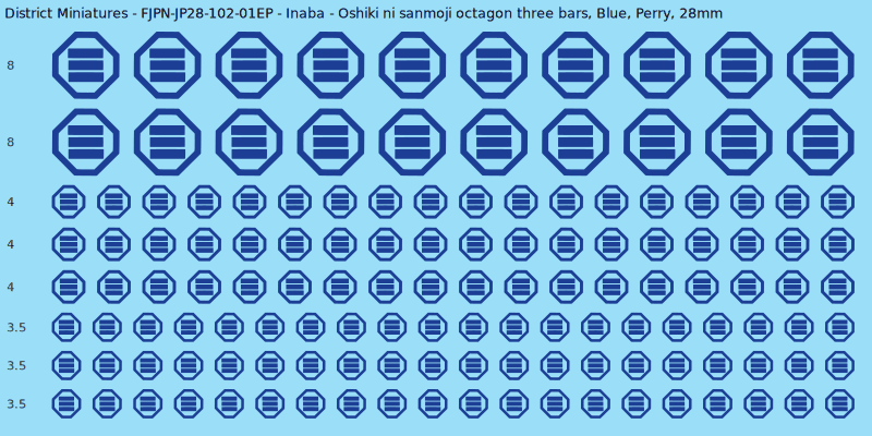 Inaba clan mon, Blue waterslide decal sheet, Perry banner sizes, 28mm