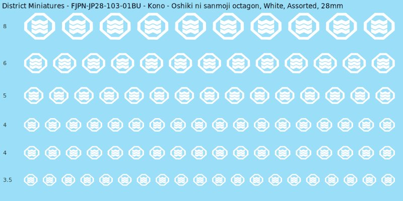 Kono clan mon, Oshiki ni sanmoji octagon, White waterslide decal sheet, 28mm