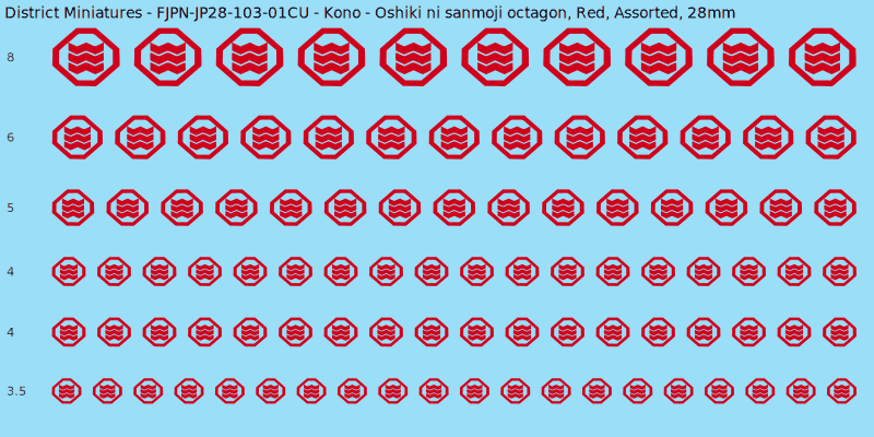 Kono clan mon, Oshiki ni sanmoji octagon, Red waterslide decal sheet, 28mm
