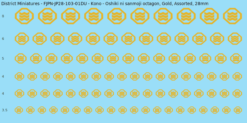 Kono clan mon, Oshiki ni sanmoji octagon, Gold waterslide decal sheet, 28mm