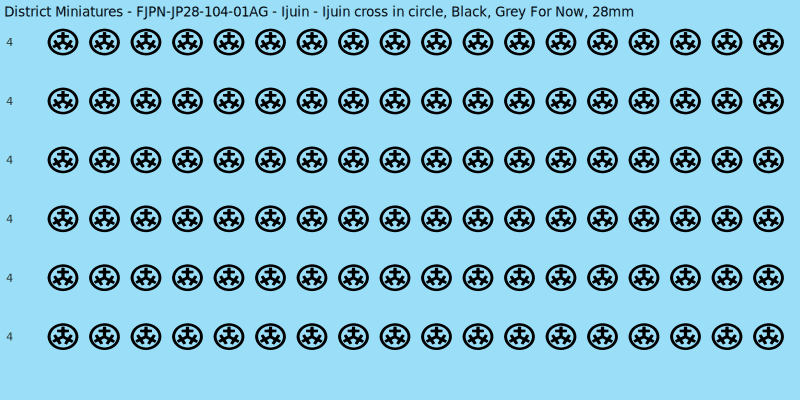 Ijuin clan mon, Black waterslide decal sheet, Grey For Now banner sizes, 28mm