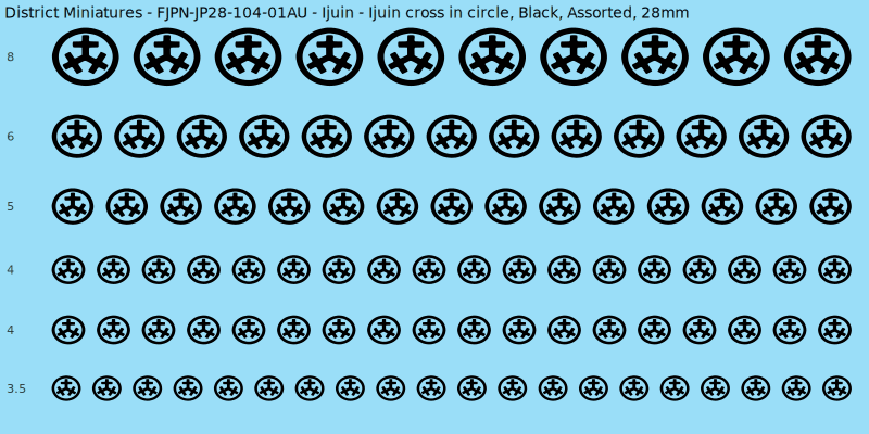 Ijuin clan mon, Ijuin cross in circle, Black waterslide decal sheet, 28mm