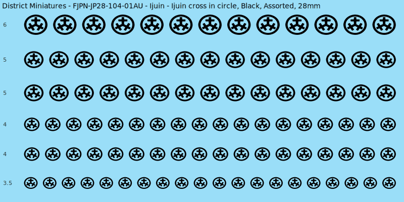 Ijuin clan mon, Black waterslide decal sheet, Assorted banner sizes, 28mm