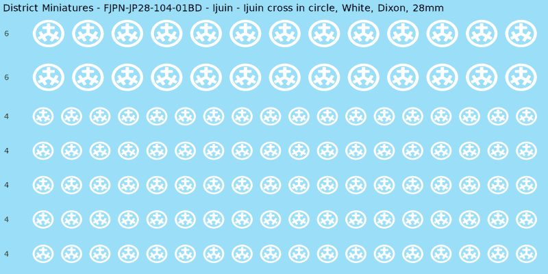 Ijuin clan mon, White waterslide decal sheet, Dixon banner sizes, 28mm