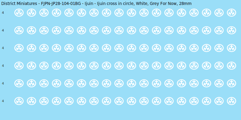 Ijuin clan mon, White waterslide decal sheet, Grey For Now banner sizes, 28mm
