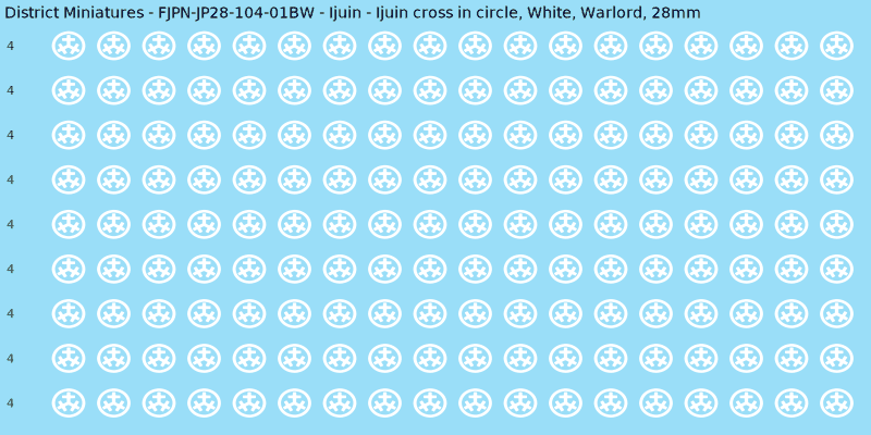 Ijuin clan mon, White waterslide decal sheet, Warlord banner sizes, 28mm