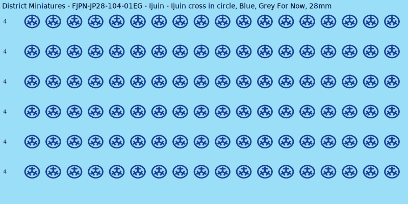 Ijuin clan mon, Blue waterslide decal sheet, Grey For Now banner sizes, 28mm