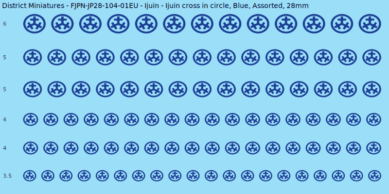 Ijuin clan mon, Blue waterslide decal sheet, Assorted banner sizes, 28mm