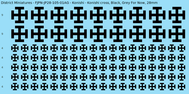 Konishi clan mon, Black waterslide decal sheet, Grey For Now banner sizes, 28mm