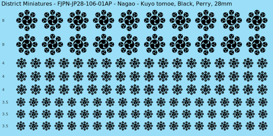 Nagao clan mon, Black waterslide decal sheet, Perry banner sizes, 28mm