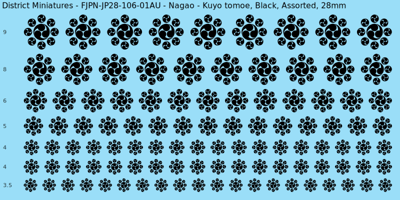 Nagao clan mon, Kuyo tomoe, Black waterslide decal sheet, 28mm