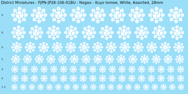 Nagao clan mon, Kuyo tomoe, White waterslide decal sheet, 28mm