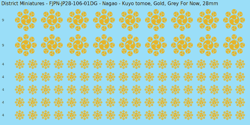 Nagao clan mon, Yellow/Gold waterslide decal sheet, Grey For Now banner sizes, 28mm