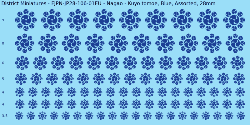 Nagao clan mon, Kuyo tomoe, Blue waterslide decal sheet, 28mm