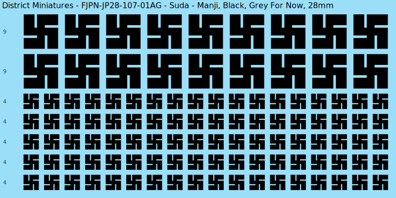 Suda clan mon, Black waterslide decal sheet, Grey For Now banner sizes, 28mm