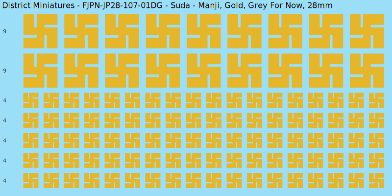 Suda clan mon, Yellow/Gold waterslide decal sheet, Grey For Now banner sizes, 28mm