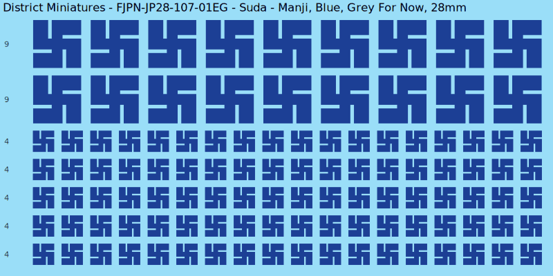 Suda clan mon, Blue waterslide decal sheet, Grey For Now banner sizes, 28mm