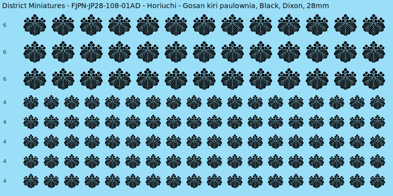 Horiuchi clan mon, Black waterslide decal sheet, Dixon banner sizes, 28mm