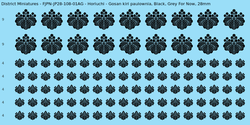 Horiuchi clan mon, Black waterslide decal sheet, Grey For Now banner sizes, 28mm