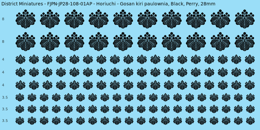 Horiuchi clan mon, Black waterslide decal sheet, Perry banner sizes, 28mm