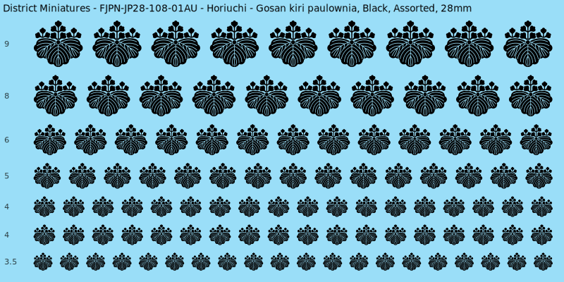 Horiuchi clan mon, Gosan kiri paulownia, Black waterslide decal sheet, 28mm