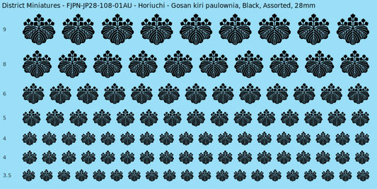 Horiuchi clan mon, Gosan kiri paulownia, Black waterslide decal sheet, 28mm