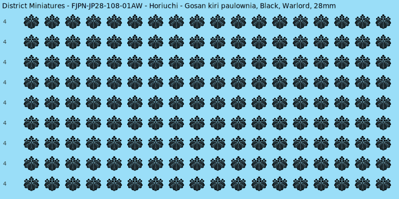 Horiuchi clan mon, Black waterslide decal sheet, Warlord banner sizes, 28mm