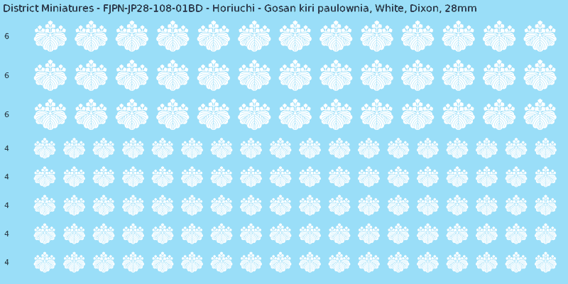 Horiuchi clan mon, White waterslide decal sheet, Dixon banner sizes, 28mm