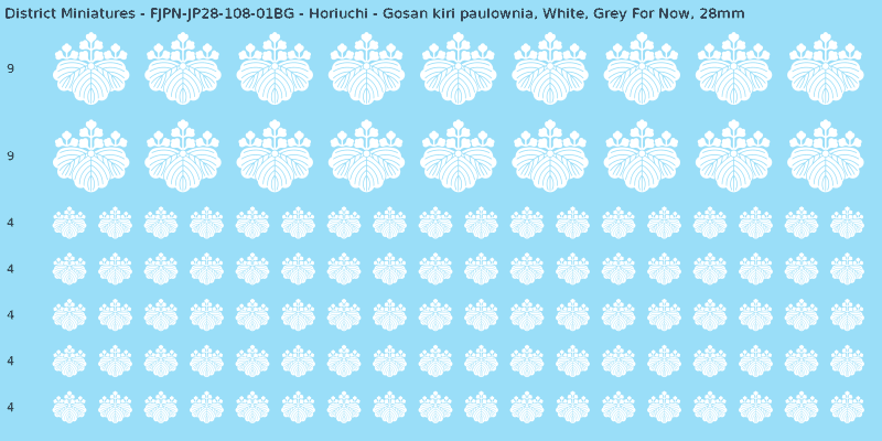 Horiuchi clan mon, White waterslide decal sheet, Grey For Now banner sizes, 28mm