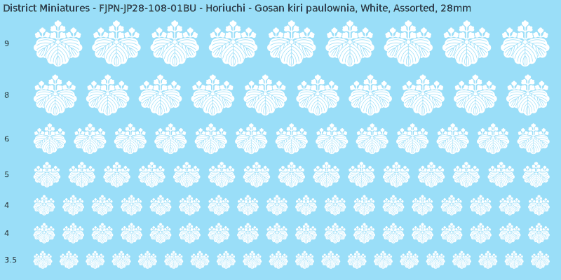 Horiuchi clan mon, Gosan kiri paulownia, White waterslide decal sheet, 28mm