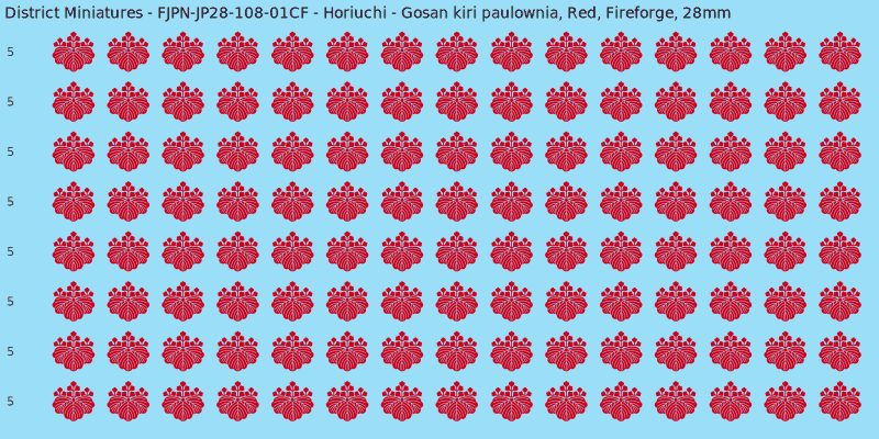 Horiuchi clan mon, Red waterslide decal sheet, Fireforge banner sizes, 28mm
