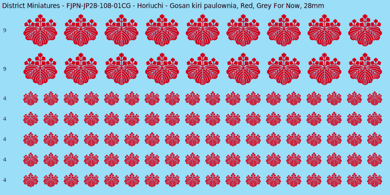 Horiuchi clan mon, Red waterslide decal sheet, Grey For Now banner sizes, 28mm
