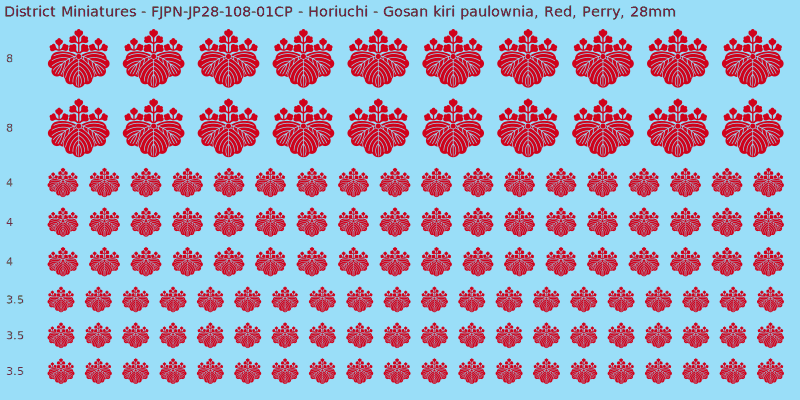 Horiuchi clan mon, Red waterslide decal sheet, Perry banner sizes, 28mm