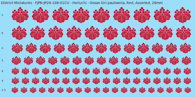 Horiuchi clan mon, Gosan kiri paulownia, Red waterslide decal sheet, 28mm